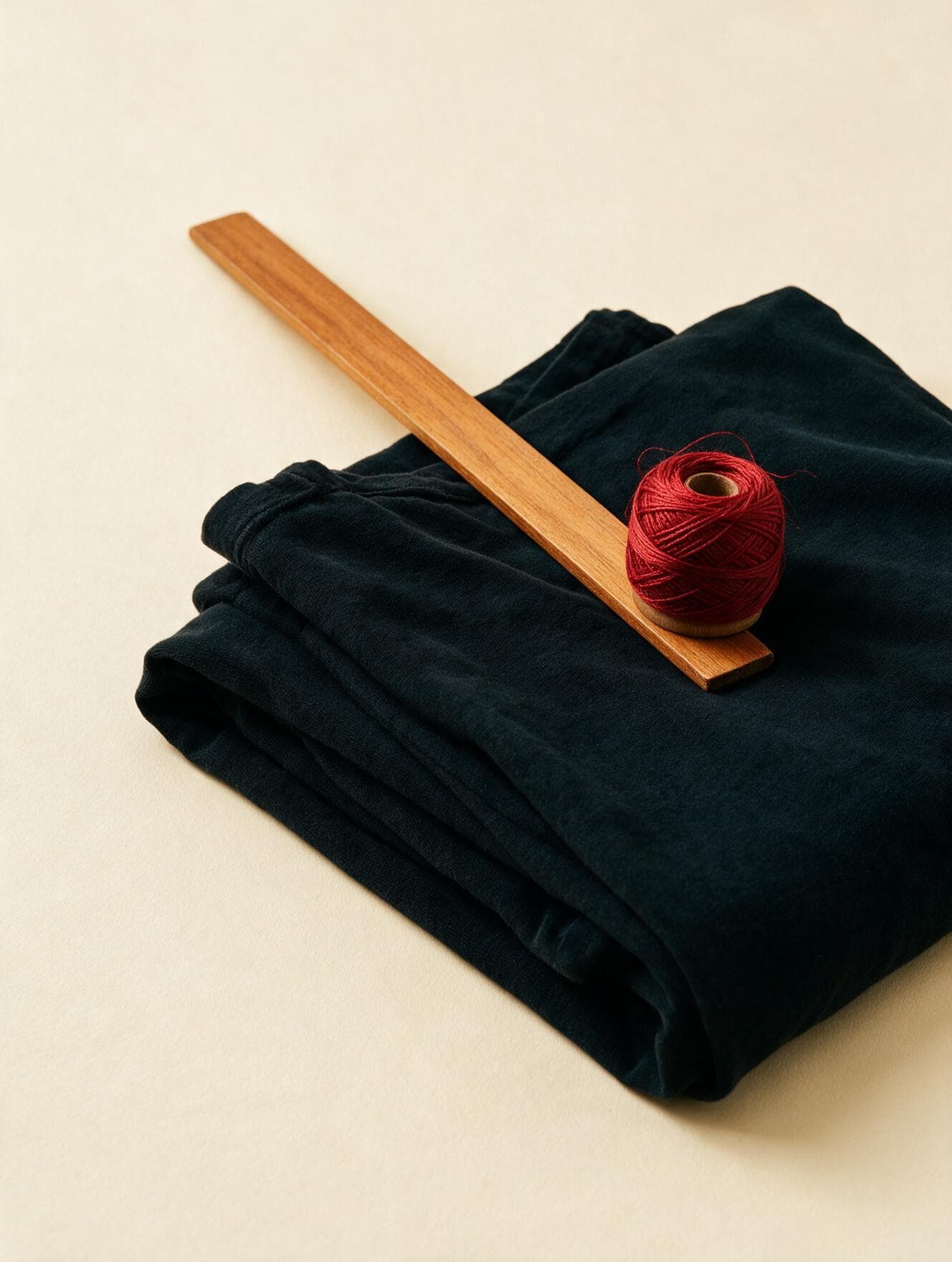 Prendas dobladas junto a una regla de sastre y un ovillo de hilo carmesí