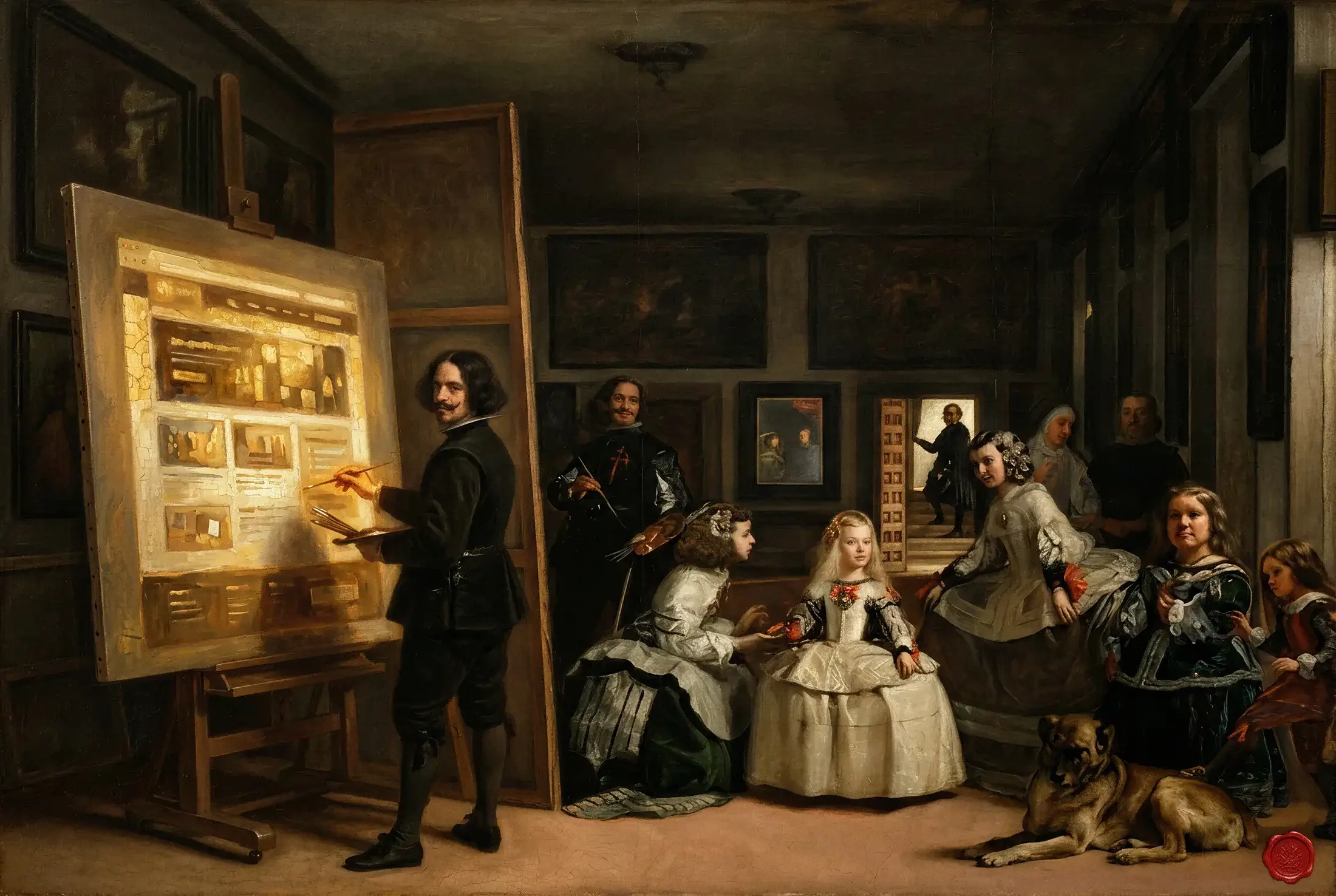 Las Meninas de Velázquez reinterpretadas: el pintor trabaja sobre un lienzo que muestra una página web dorada