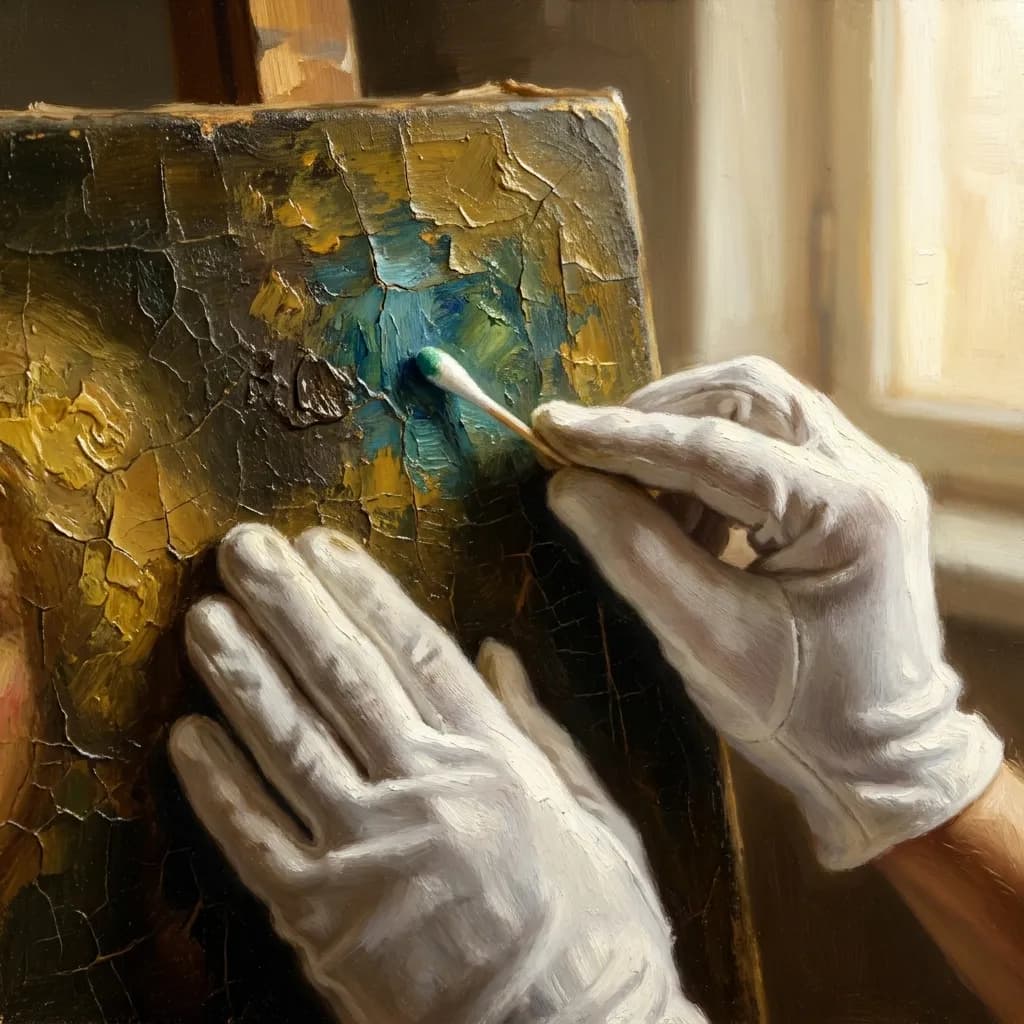 Óleo: manos con guantes blancos limpian el barniz de un cuadro antiguo y revelan el color original