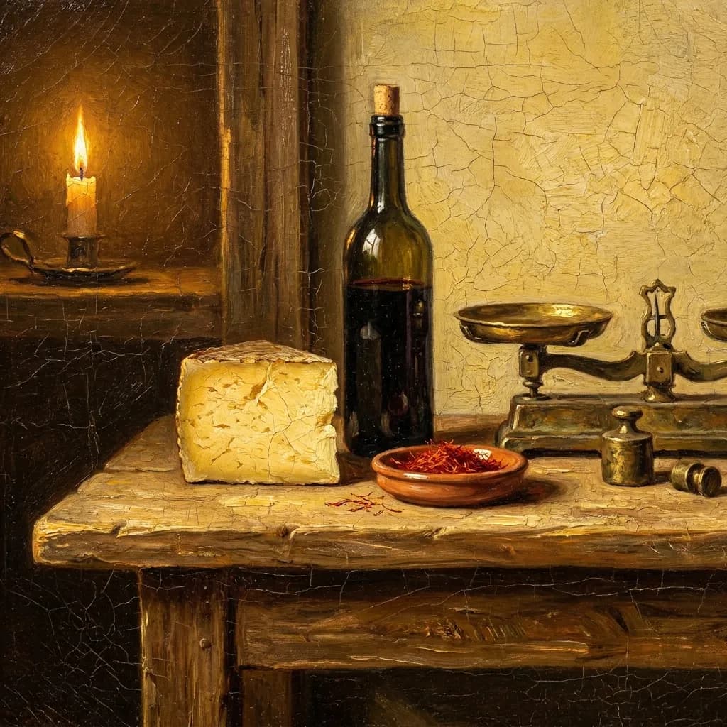 Bodegón al óleo con queso manchego, vino, azafrán y balanza de latón