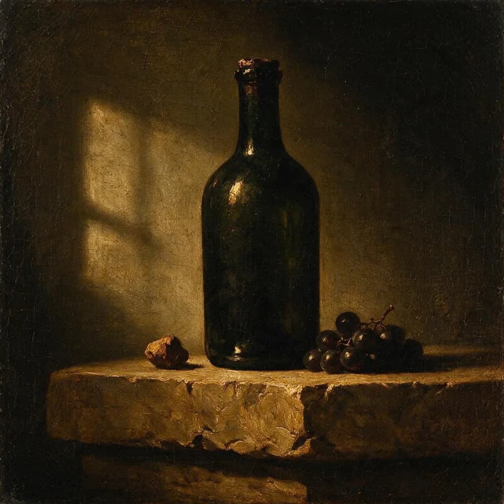 Óleo: una botella de vino verde oscuro sin etiqueta, con su corcho y un racimo de uvas sobre la piedra