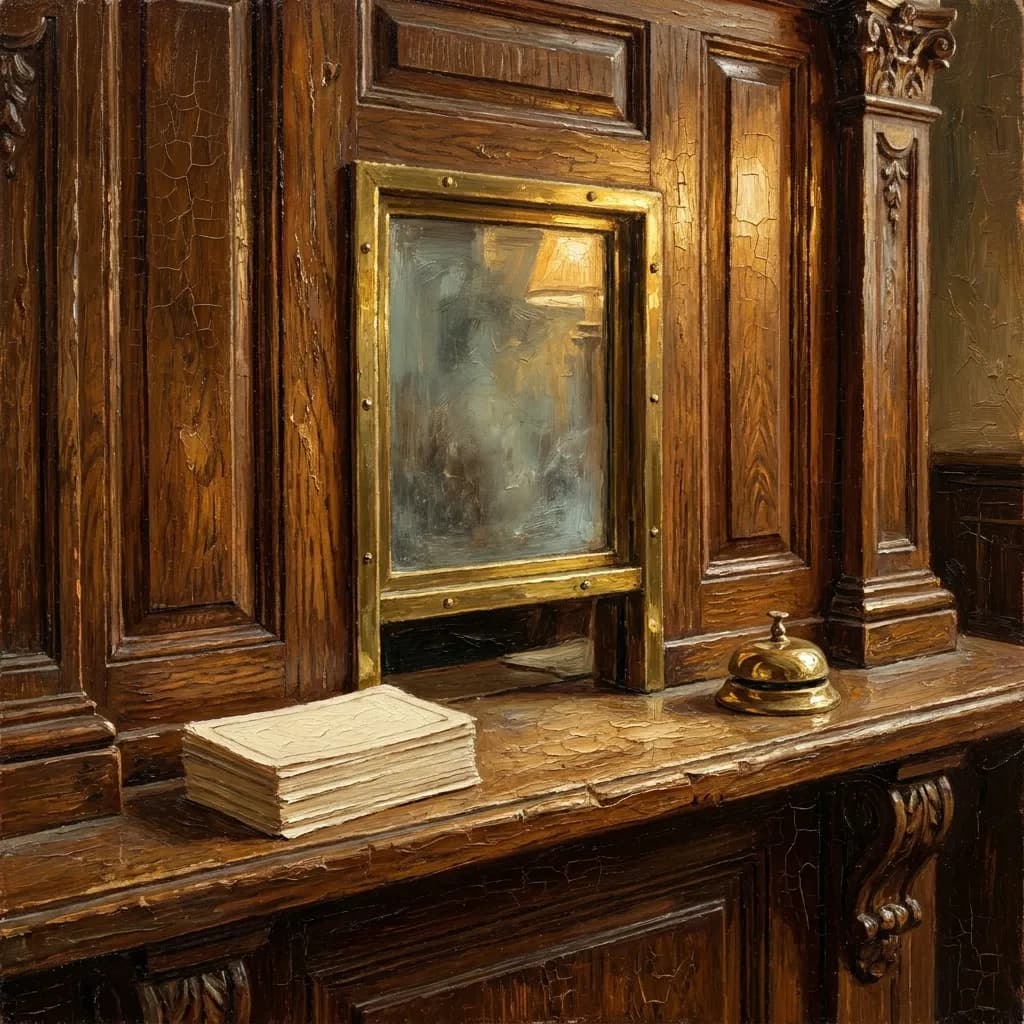 Óleo de una taquilla de museo antigua: ventanilla de latón en madera tallada, entradas en blanco y un timbre de latón sobre el mostrador
