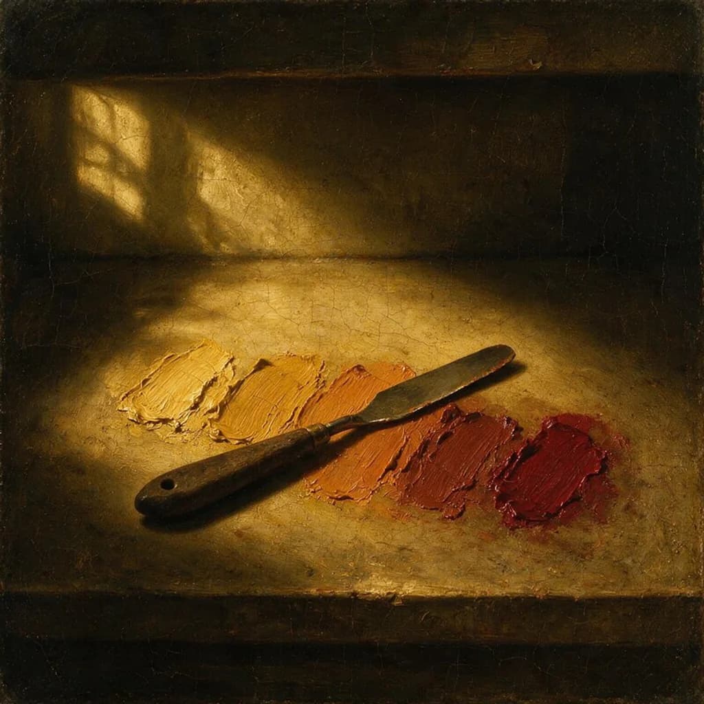 Óleo: una espátula de madera junto a cinco pegotes de pigmento, del ocre al rojo