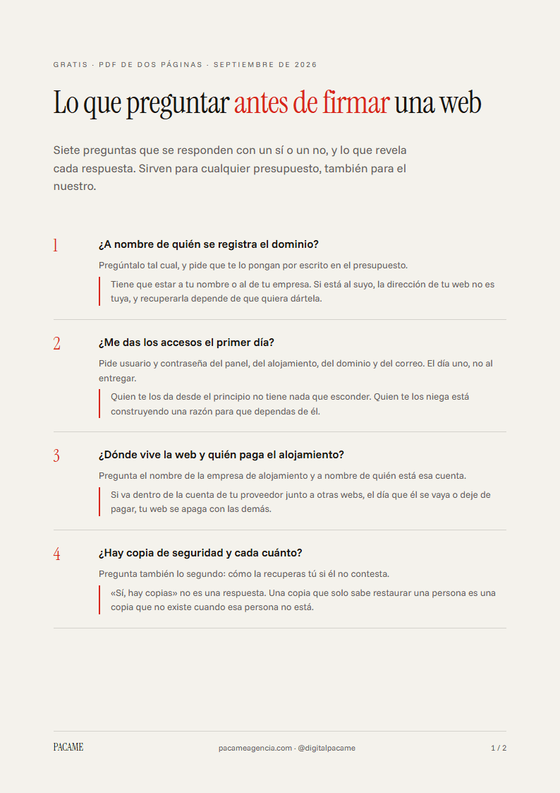 Primera página del documento: Lo que preguntar antes de firmar una web