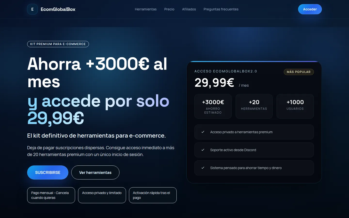 Portada de Ecomglobalbox: fondo azul oscuro con su oferta de herramientas para tiendas online y el precio de la suscripción