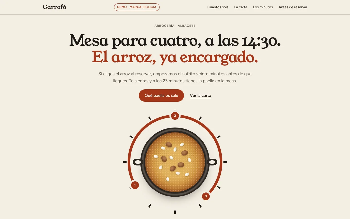 Portada de la demo Garrofó: el titular «Mesa para cuatro, a las 14:30. El arroz, ya encargado.» centrado en negro y rojo pimentón sobre fondo crema y, debajo, una paella vista desde arriba dentro de la esfera de un reloj con un arco rojo