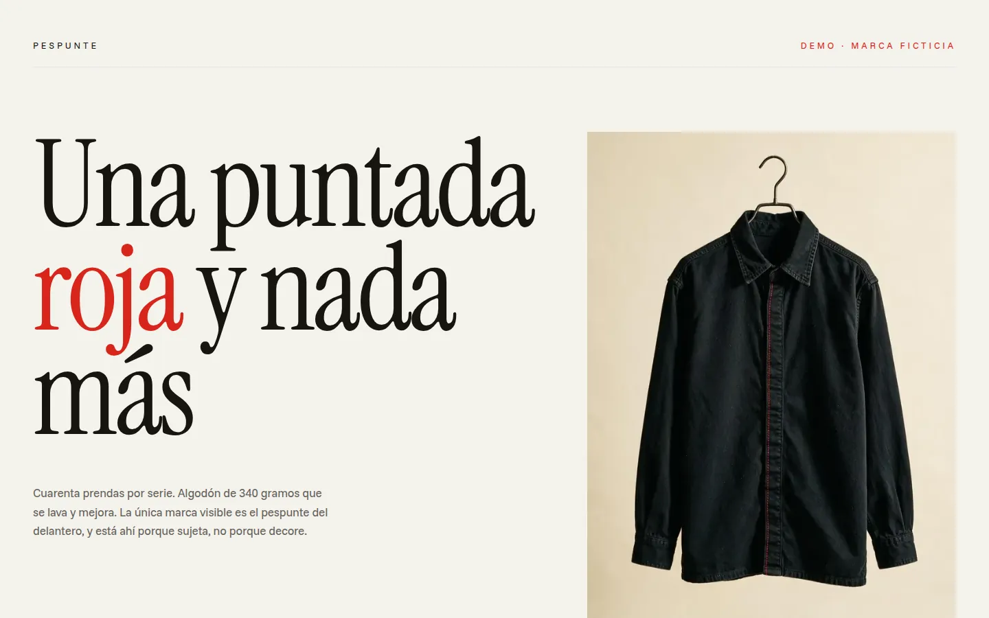 Portada de la demo Pespunte: el titular «Una puntada roja y nada más» junto a la foto de una chaqueta de trabajo