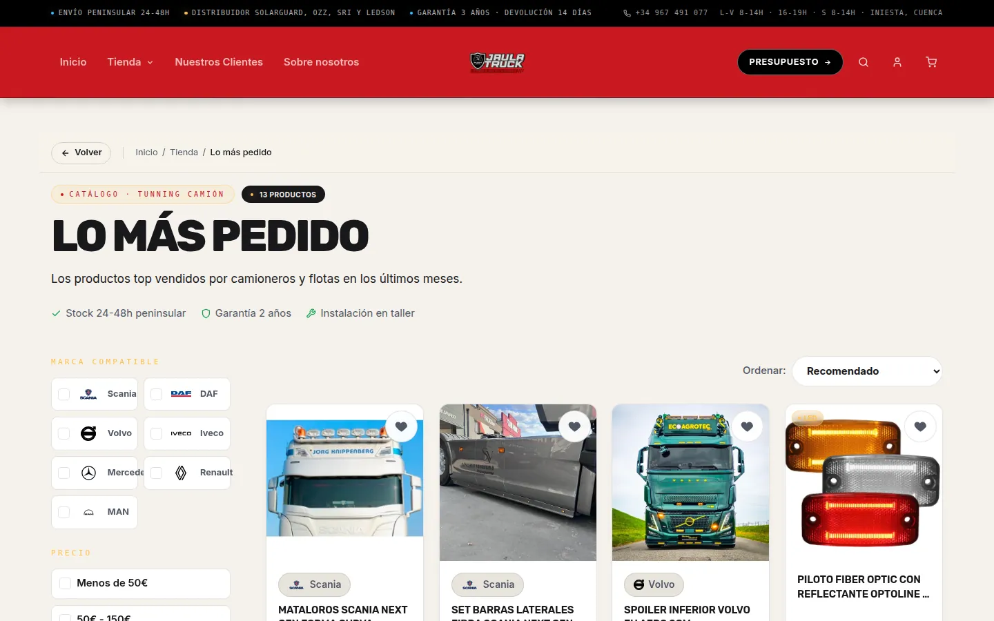 La tienda de Talleres Jaula por dentro: la colección «Lo más pedido», con filtros por marca de camión y las fichas de cada pieza
