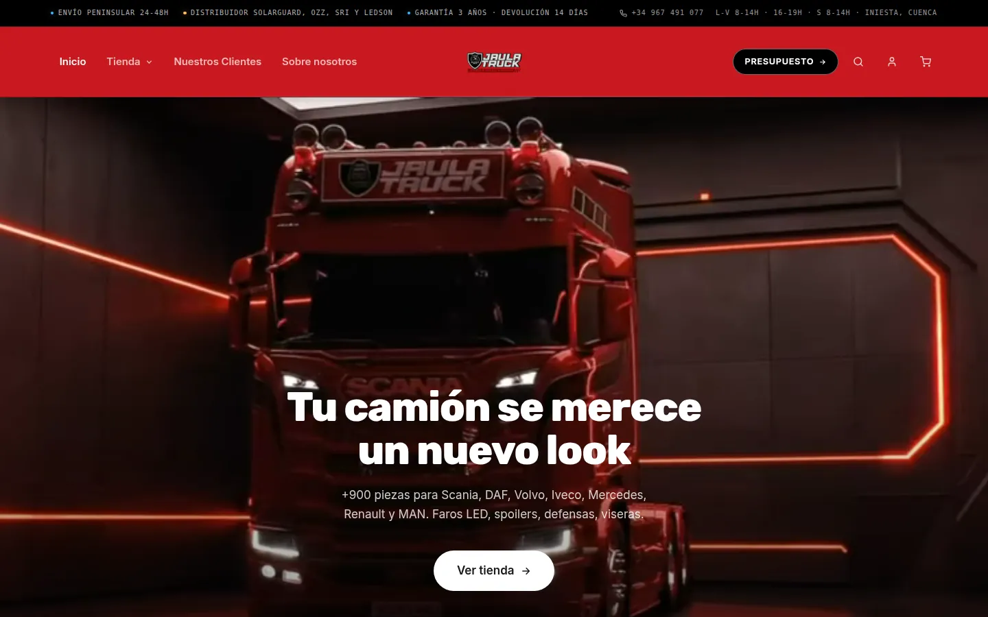 Portada de la tienda de Talleres Jaula: un camión rojo en un taller con luces de neón y el titular «Tu camión se merece un nuevo look»
