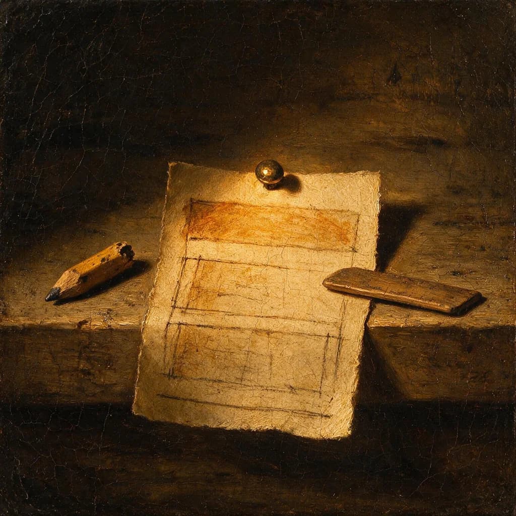 Detalle al óleo: un boceto de página dibujado a lápiz sobre papel ocre, clavado con una tachuela de latón entre un lápiz gastado y una regla de madera