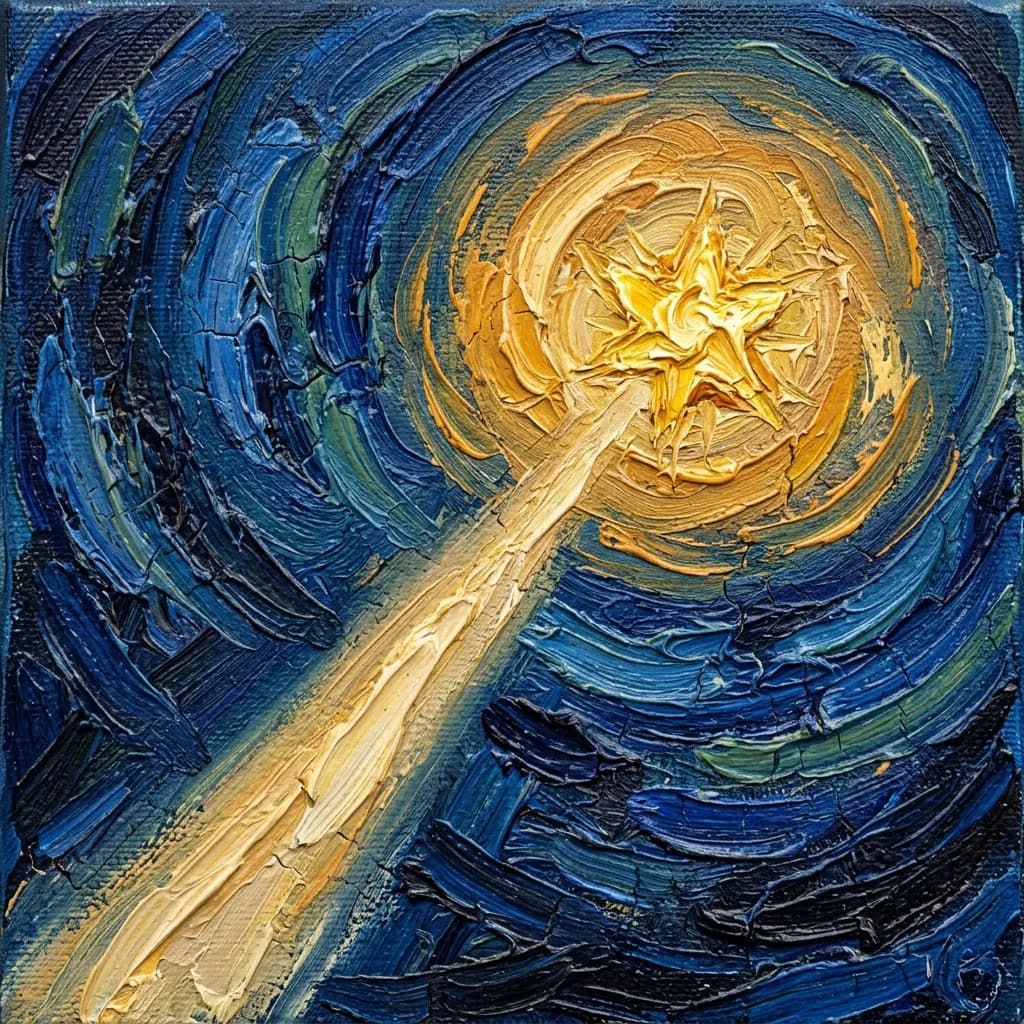 Detalle al óleo con empaste grueso: la estrella dorada y su haz de luz descendiendo