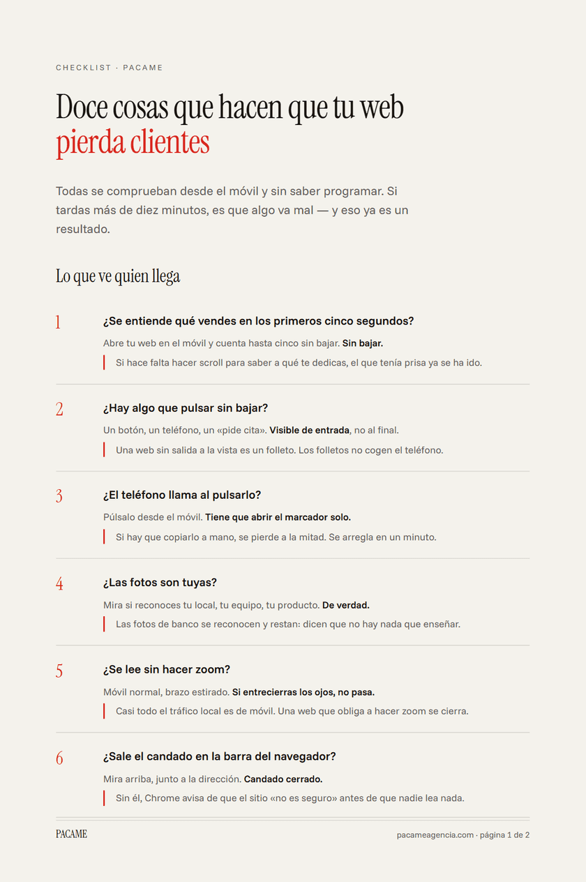 Primera página del checklist: doce comprobaciones para tu web