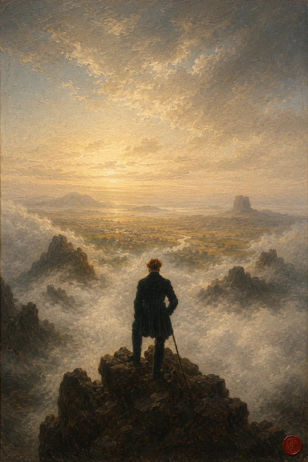 El caminante sobre el mar de nubes, de Friedrich, reinterpretado: entre las nubes se abre una llanura iluminada con un pueblo dorado