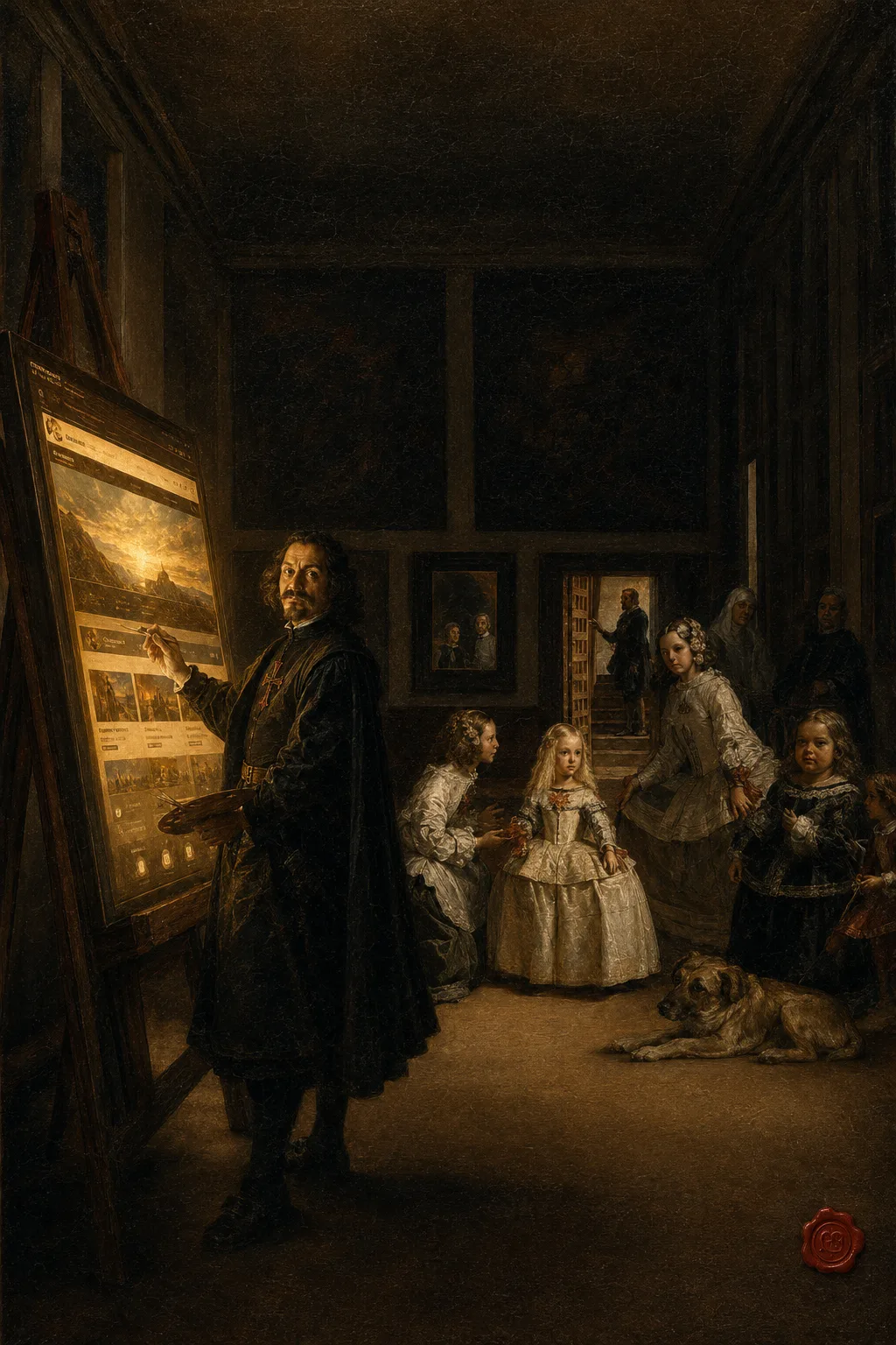 Las Meninas de Velázquez reinterpretadas: el lienzo del pintor muestra una página web brillando en oro