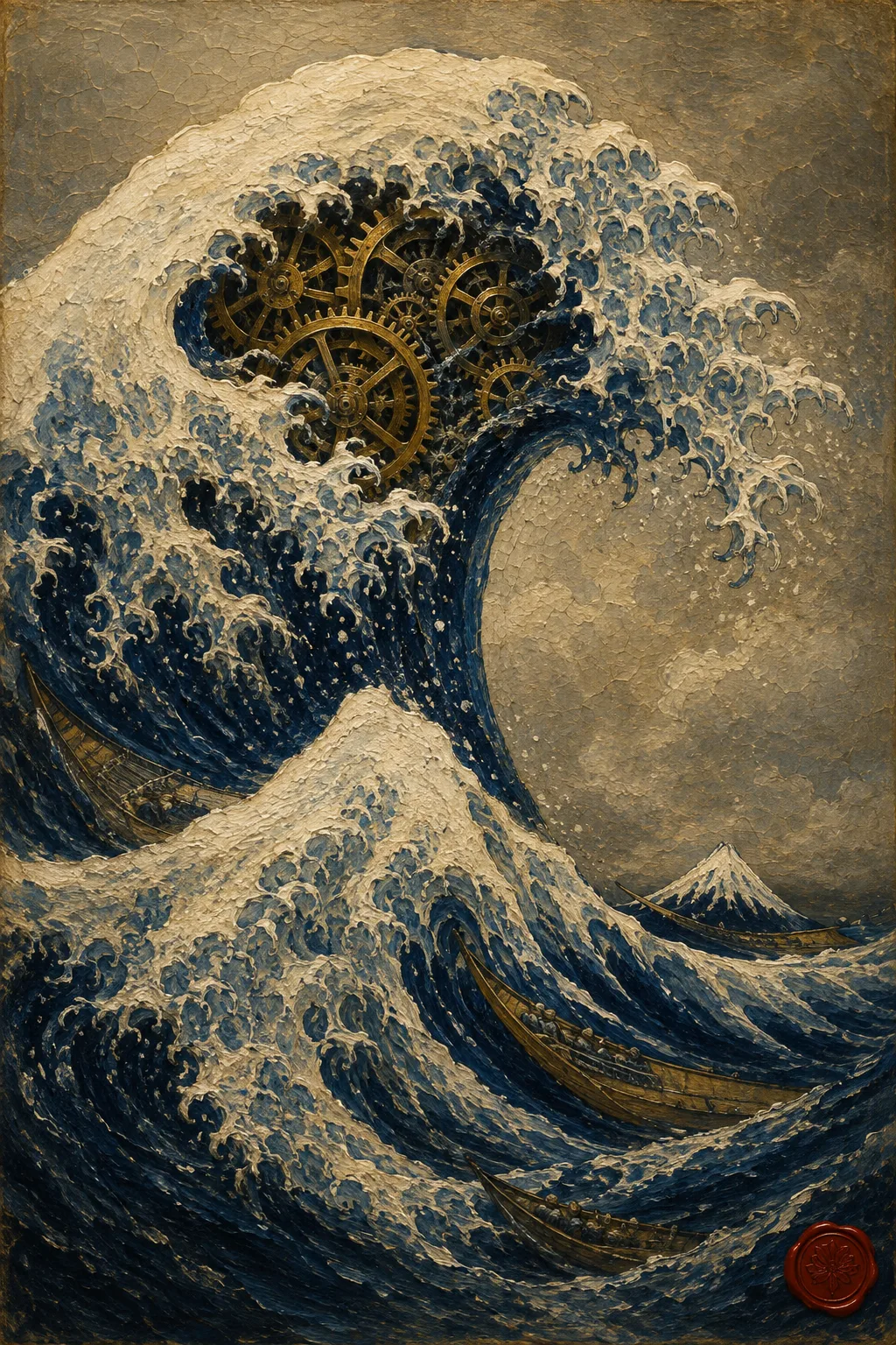 La gran ola de Hokusai reinterpretada: dentro de la cresta de la ola giran engranajes de latón