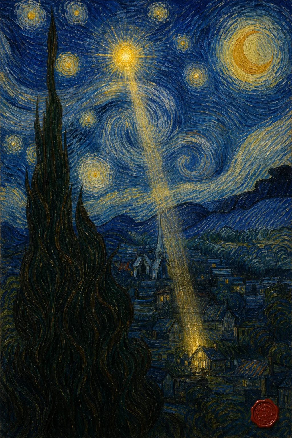 La noche estrellada de Van Gogh reinterpretada: una estrella enorme ilumina una casa del pueblo con su haz de luz